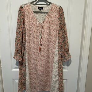 Floral Long Sleeve Midi Dress in Coral and Ivory